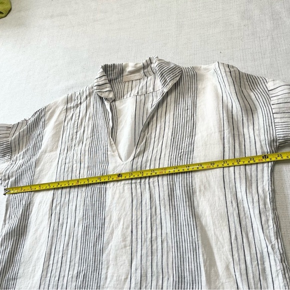 CP Shades Womens  Linen Top S Tunic White Blue Stripe Lagenlook Boho Relaxed - Picture 4 of 8